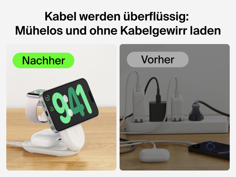 Die Belkin UltraCharge faltbare magnetische 3-in-1-Ladestation mit Qi2 25W wird beim Laden mehrerer Geräte gezeigt und mit einer anderen Ladelösung mit Kabelgewirr verglichen.