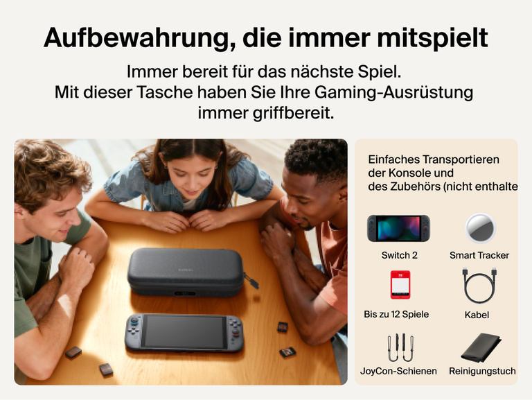 Belkin Gaming Charging Case Pro for Nintendo Switch 2 shown storing the console, game cards, cables, and accessories for organized, game-ready portability.