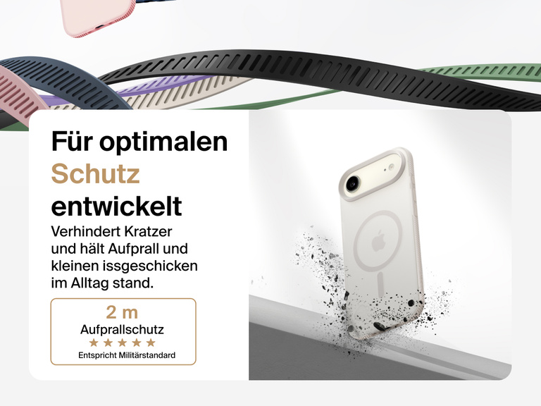 Belkin SheerForce Grip Series Case for iPhone 17 shown with textured grip and impact protection against drops.