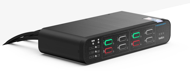 A sleek, black Belkin 4:2 DisplayPort MultiClave Secure KVM with CAC, featuring illuminated port indicators and labeled buttons for secure switching between two computers.