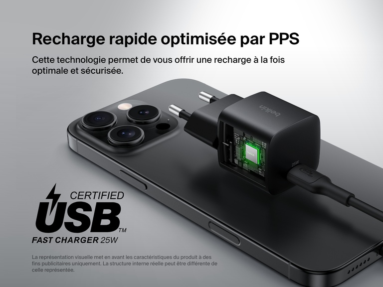 Belkin BoostCharge USB-C Wall Charger 25W shown with a visual cutaway highlighting PPS optimized fast charging for enhanced safety and efficiency.