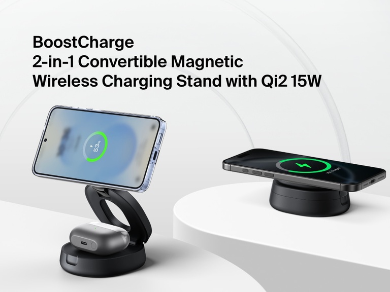 Belkin BoostCharge 2-in-1 Convertible Magnetic Charging Stand with Qi2 15W shown charging a smartphone and wireless earbuds in both upright and flat configurations.