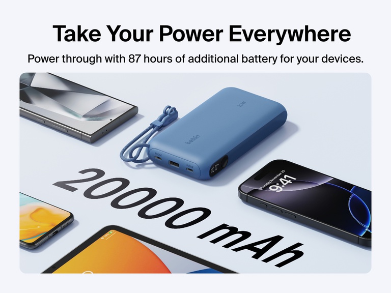 Belkin BoostCharge Power Bank 20K with Display shown delivering up to 87 hours of extra battery life with a 20,000mAh capacity, compact design, and detachable USB-C cable for portable power on the go.