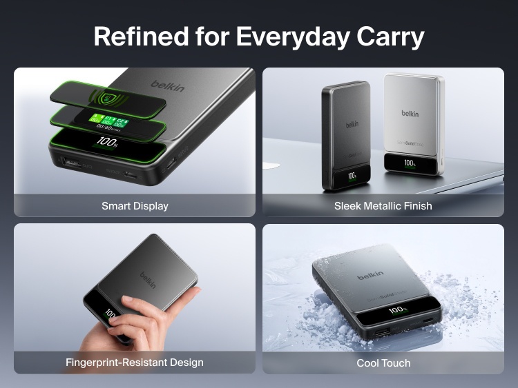 Belkin UltraCharge Pro Power Bank 10K with BoostSolid Cell features a smart display, sleek metallic finish, fingerprint-resistant design and cool-touch construction.