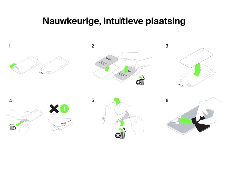 Afbeelding met stapsgewijze uitleg over hoe de Belkin ScreenForce InvisiGlass-screenprotector eenvoudig en nauwkeurig is aan te brengen met behulp van een bevestigingsframe en verwijderingshulpmiddelen.