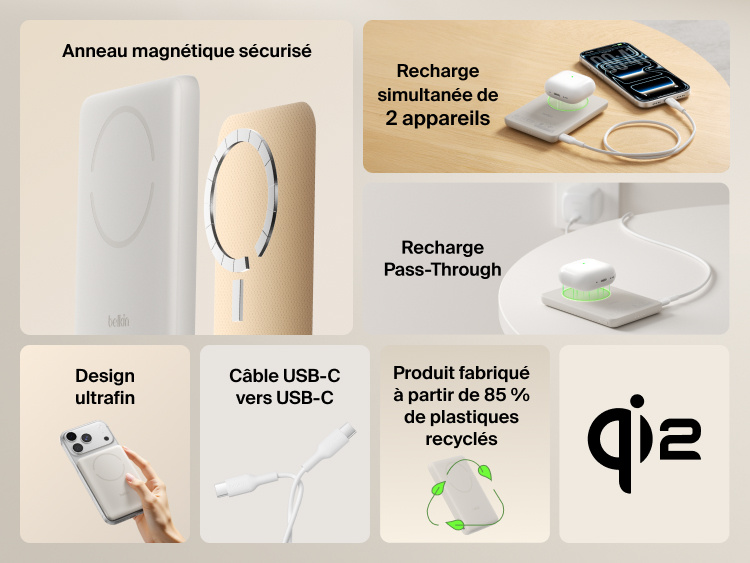 Belkin BoostCharge Slim Magnetic Power Bank 5K with Qi2 shown highlighting secure magnetic attachment, ultra-slim design, dual-device charging, USB-C connectivity, pass-through charging, and sustainability features.