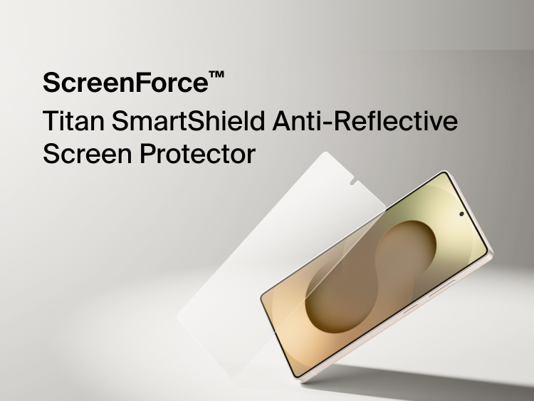 Belkin ScreenForce Titan SmartShield Anti-Reflective Screen Protector installed on Samsung Galaxy S26, shown with layered design highlighting edge-to-edge coverage and glare-reducing screen protection.