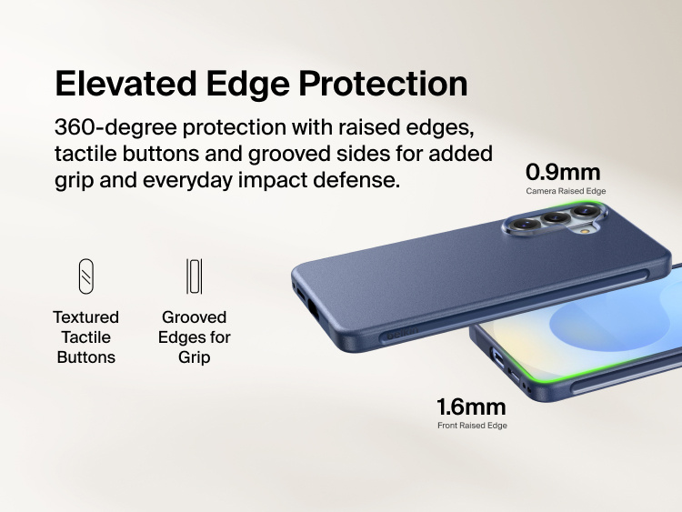 Belkin SheerForce Protect Series Case for Samsung Galaxy S26 featuring elevated edge protection with raised camera and screen edges, tactile buttons, and grooved sides for enhanced grip and everyday impact defense.
