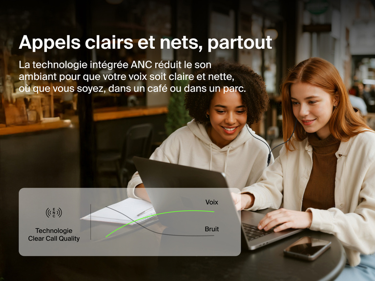 Belkin SoundForm ANC Wired Earbuds with USB-C® feature built-in noise reduction for clear call quality in busy environments like cafes or parks.