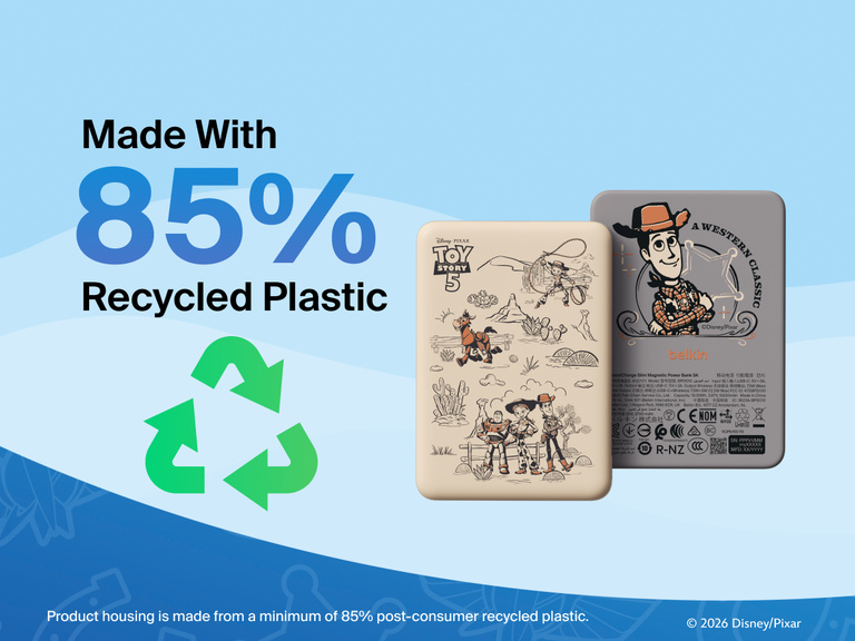 Belkin BoostCharge Slim Magnetic Power Bank 5K shown with text highlighting that its housing is made from 85% post-consumer recycled plastic for sustainable design.