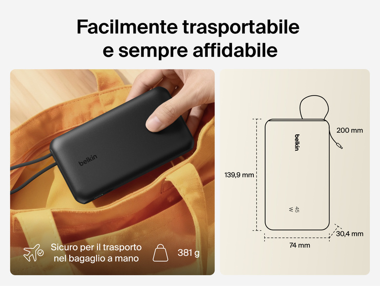 Belkin UltraCharge 20K 45W power bank with integrated cable designed for portable, TSA-approved travel with compact size and reliable on-the-go charging