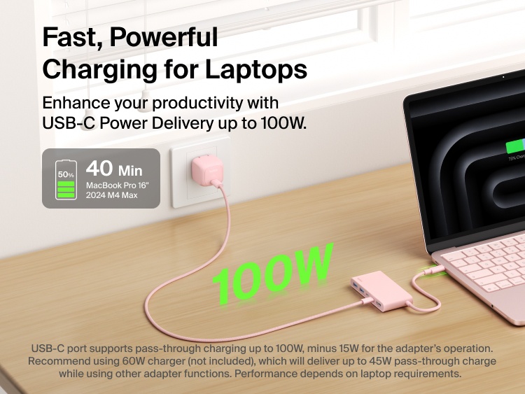 Belkin Connect 5-Port USB-C Hub with Dual USB-C Ports delivers fast laptop charging with up to 100W USB-C Power Delivery.