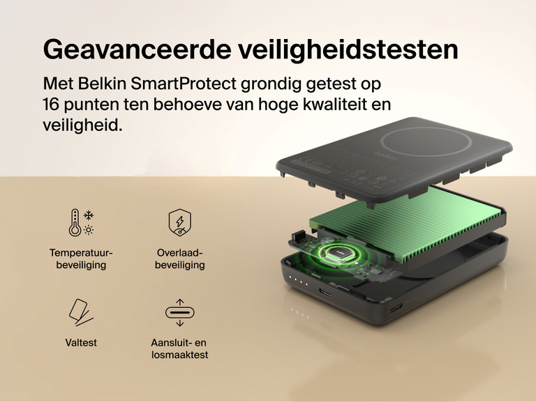 Belkin BoostCharge Slim Magnetic Power Bank 10K internal components showcasing SmartProtect safety system with temperature control, overcharge protection, drop testing, and plug and unplug durability testing
