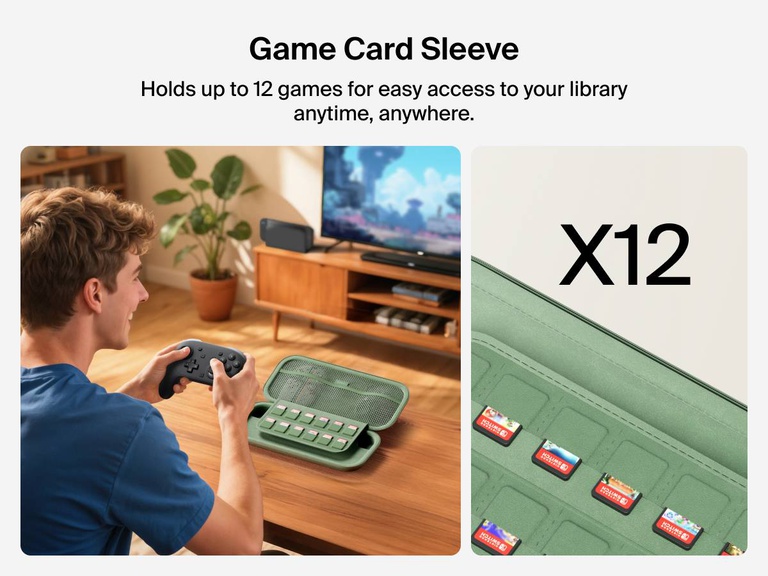 Man gaming with a controller beside the Belkin Gaming Travel Case for Nintendo Switch 2, which features a built-in sleeve that holds up to 12 game cards for easy access.