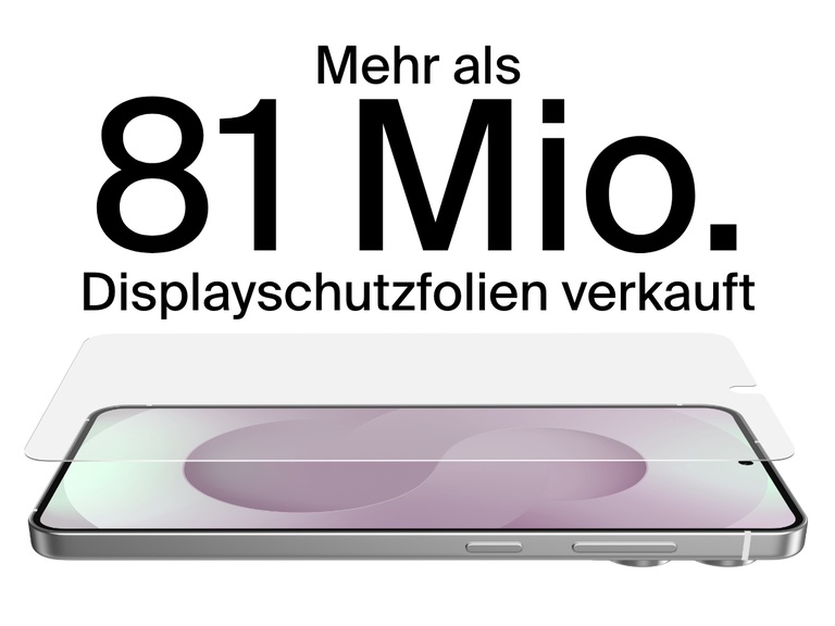 Bild, das ein Samsung Galaxy S25 Edge-Smartphone mit angebrachter Displayschutzfolie zeigt und betont, dass über 81 Millionen Displayschutzfolien verkauft wurden.