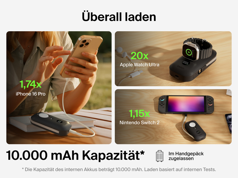 Die Belkin BoostCharge Pro Powerbank 10K mit Apple Watch Ladeger&auml;t hat eine Kapazit&auml;t, die den Flugsicherheitsstandards zum Laden von iPhone 16 Pro, Apple Watch Ultra und Nintendo Switch 2 auf Reisen entspricht.