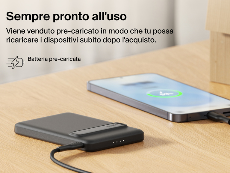 Belkin BoostCharge Slim Magnetic Power Bank 5K with Qi2 shown precharged and ready to deliver fast, portable wired or magnetic wireless charging straight out of the box.
