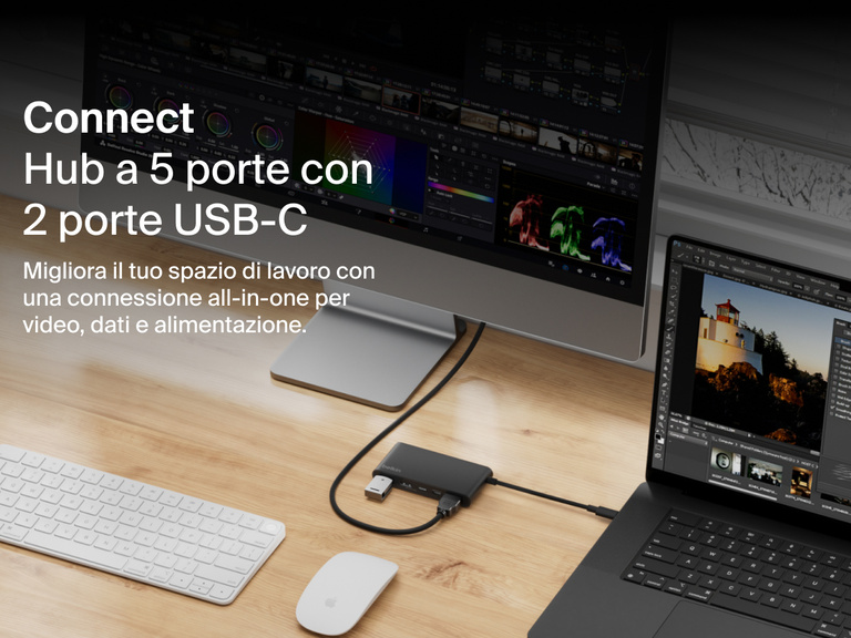 Belkin Connect 5-Port USB-C Hub with Dual USB-C Ports shown on a desk connecting a laptop and monitor for display, data transfer, and charging.