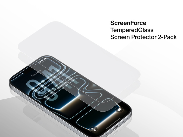 Belkin ScreenForce TemperedGlass Screen Protector 2-Pack shown on iPhone, delivering durable scratch and impact protection with crystal-clear display clarity.