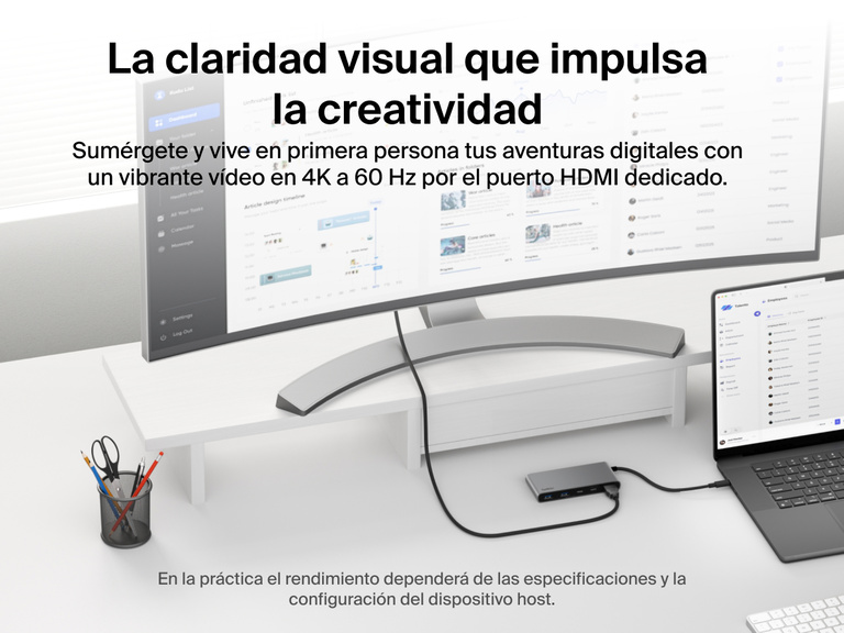 Belkin Connect 7-Port USB-C Hub with Dual USB-C Ports connected to a laptop and monitor delivering 4K@60Hz visuals via HDMI.