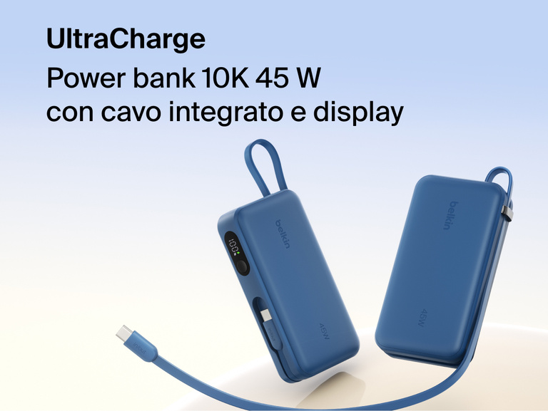 Belkin UltraCharge 10K 45W power bank with integrated cable and digital display showing battery level, designed for fast portable charging.