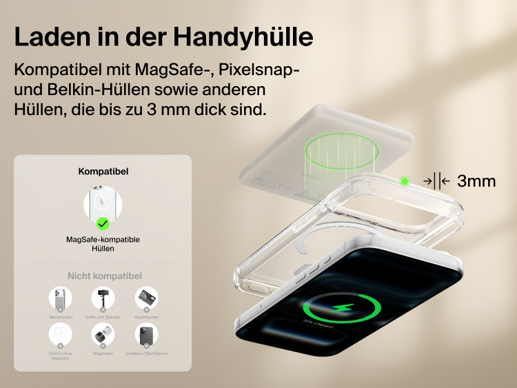 Belkin BoostCharge Slim Magnetic Power Bank 5K with Qi2 wirelessly charging a smartphone through a MagSafe-compatible case up to 3 mm thick for convenient everyday use.