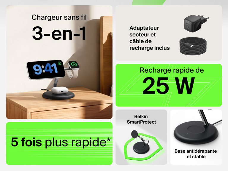 Belkin UltraCharge 3-in-1 Wireless Charging Stand with Qi2 25W showcasing compact design with integrated Apple Watch charger and earbuds dock