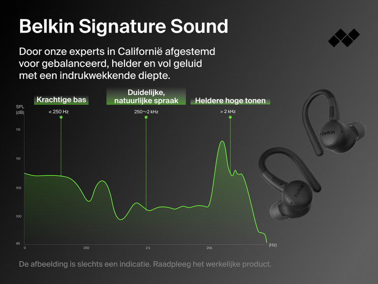 Belkin SoundForm ActiveFit Wireless Earbuds engineered in California with signature sound tuning for powerful bass, clear vocals, and crisp treble.