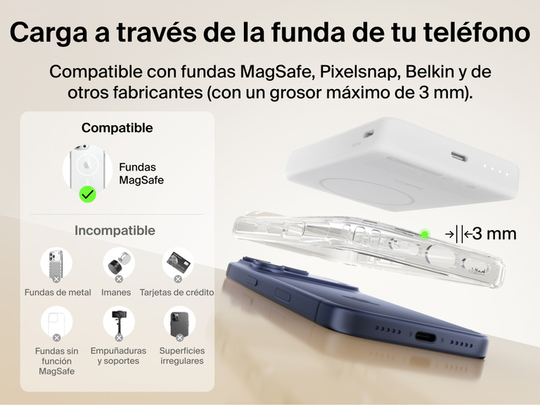 Slim Magnetic Power Bank 10K with Qi2 hovering above smartphone with case demonstrating compatibility and magnetic alignment