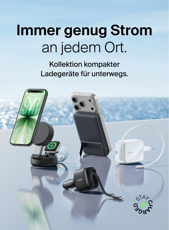Immer genug Strom&nbsp;&ndash; an jedem Ort. Belkin Ladeger&auml;te-Kollektion f&uuml;r unterwegs: Kfz-Ladeger&auml;t, 3-in-1-MagSafe-Ladestation, magnetischer Akkupack, kompaktes Ladeger&auml;t