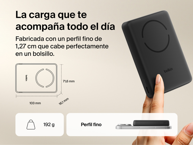 Belkin BoostCharge Slim Magnetic Power Bank 10K slim portable design with compact dimensions and lightweight build for easy pocket storage