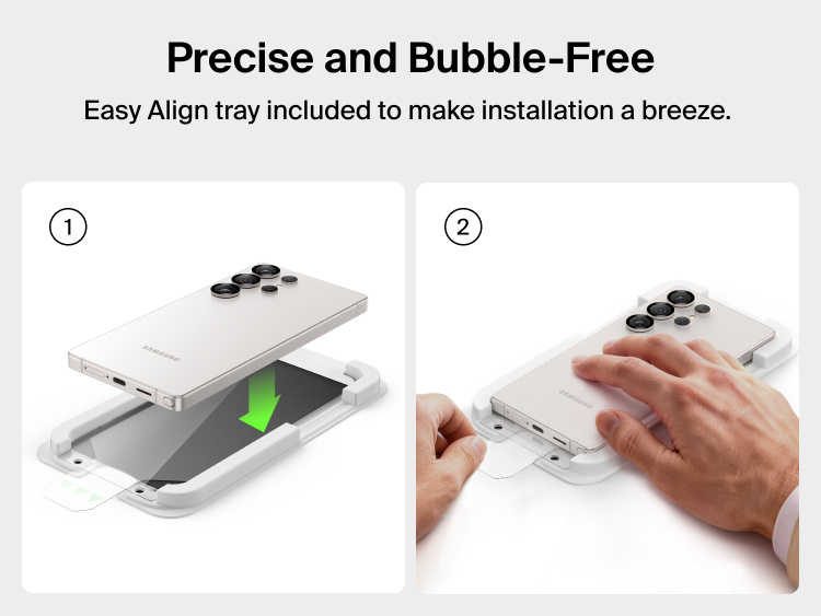 Belkin ScreenForce Titan SmartShield Privacy Filter Screen Protector for Samsung Galaxy S26 showing the Easy Align tray for precise, bubble-free installation with simple, step-by-step placement.