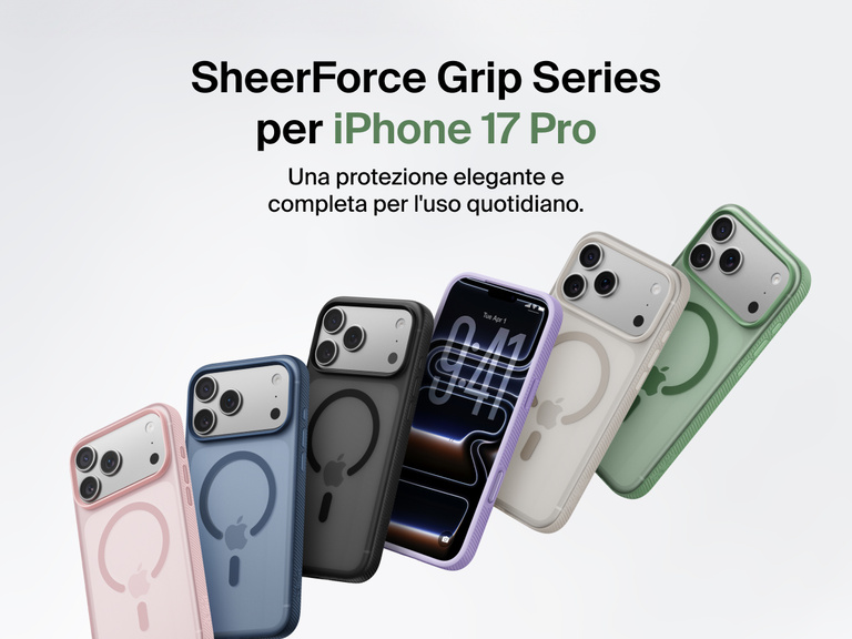 Belkin SheerForce Grip Series protective case for iPhone 17 shown in pink, clear, and black with slim design and MagSafe compatibility.