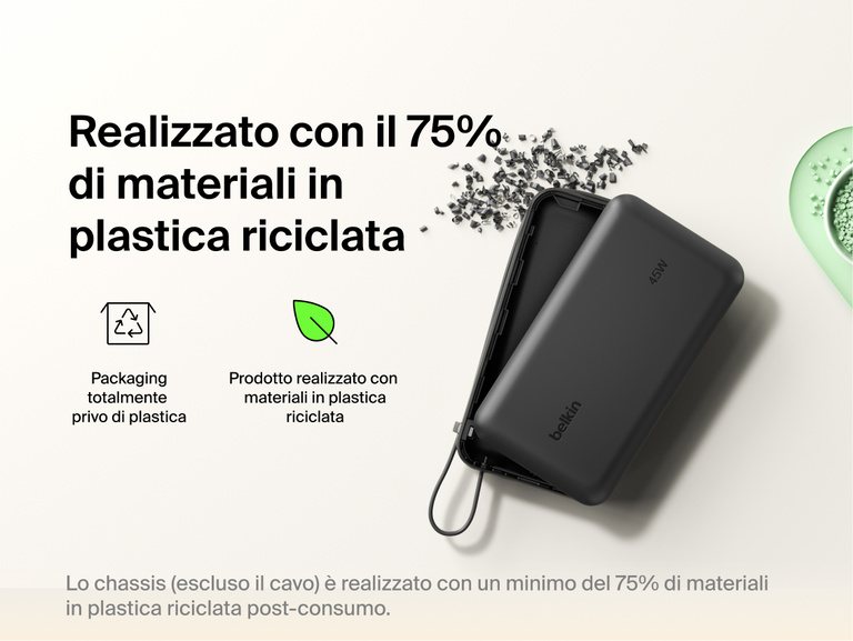 Belkin UltraCharge 20K 45W power bank with integrated cable made with recycled materials and plastic-free packaging for a more sustainable charging solution