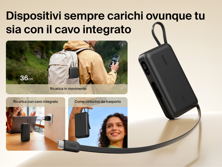 Belkin UltraCharge 20K 45W power bank with integrated USB-C cable for on-the-go charging, easy recharging, and convenient carry strap functionality