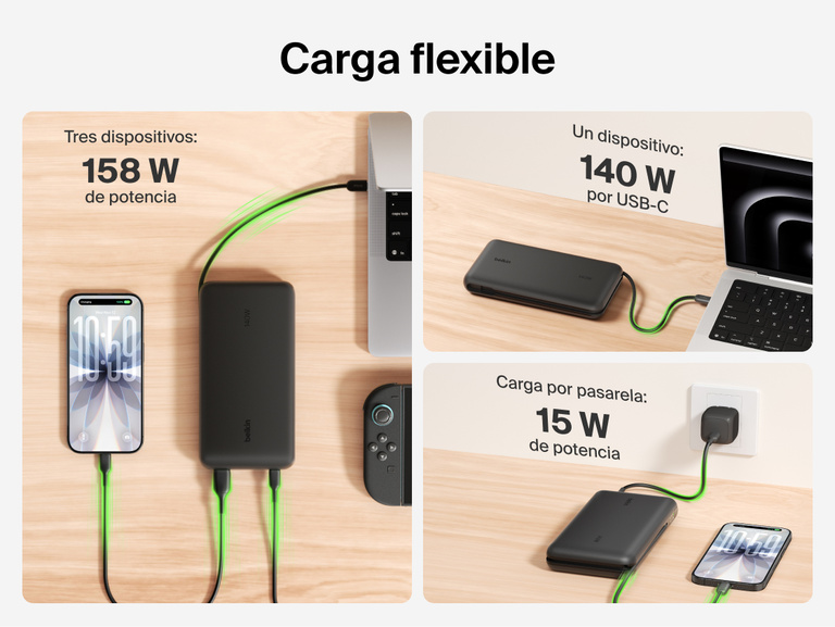 Belkin UltraCharge Pro Laptop Power Bank 25K demonstrating flexible charging with up to 158W shared output, 140W single-device USB-C charging, and pass-through charging capability
