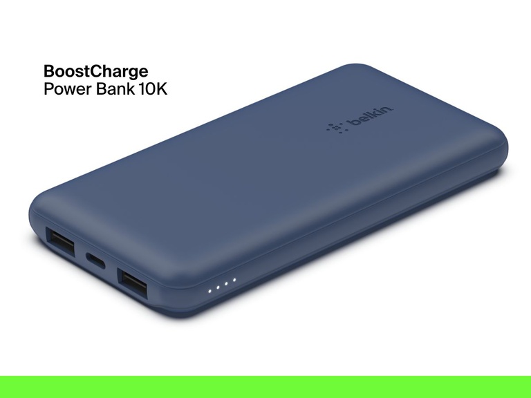 A blue Belkin BoostCharge Power Bank 10K is shown with dual USB-A ports, a USB-C port, and LED indicators for battery level.