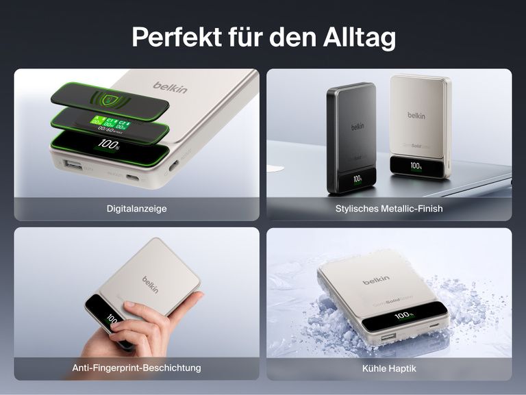 Die Belkin UltraCharge Pro Powerbank 10K mit BoostSolid-Zelle bietet ein smartes Display, eine elegante Metalloptik, eine Oberfl&auml;che, auf der Fingerabdr&uuml;cke kaum sichtbar sind, und eine angenehm k&uuml;hle Haptik.