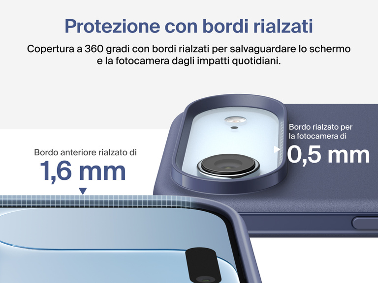 Immagine della custodia Belkin SheerForce Protect Series per iPhone 17 con design dei bordi rialzati e protezione dalle cadute di grado militare (fino a 4 metri).