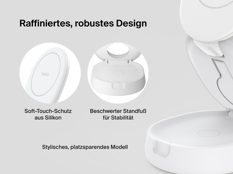 Belkin BoostCharge kompakte, magnetische 3-in-1-Ladestation wird mit ihrer Soft-Touch-Silikon-Oberfläche, dem beschwerten Standfuß für Stabilität und einem schlanken, platzsparenden, faltbaren Design gezeigt.