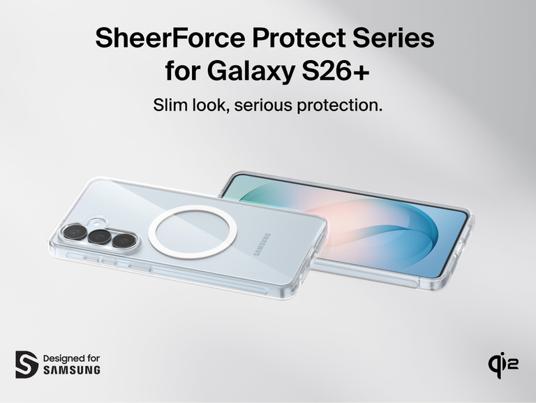 Belkin SheerForce Clear Series Case for Samsung Galaxy S26 shown on phone, featuring a slim, protective clear design with raised edges, precise cutouts, and Qi2 wireless charging compatibility.