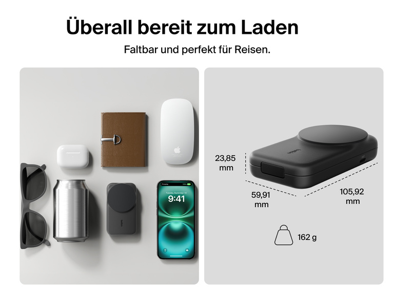 Das kompakte Format mit idealen Abmessungen und leichtem Gewicht von 162 g zum bequemen Laden unterwegs der Belkin UltraCharge faltbaren magnetischen 2-in-1-Ladestation mit Qi2 25W wird gezeigt.