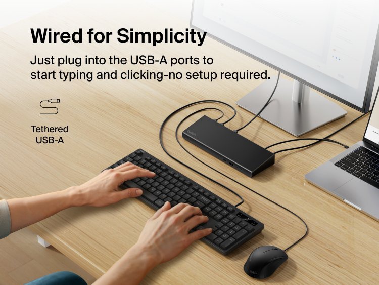 Image showing the Belkin Connect Wired Keyboard and Mouse Combo plugged into a workstation via USB-A for a simple, plug-and-play typing and navigation experience.