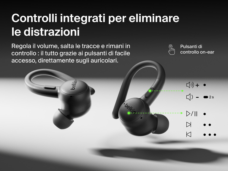 Belkin SoundForm ActiveFit Wireless Earbuds with secure ear hooks and built-in on-ear button controls for volume, track skipping, and playback.