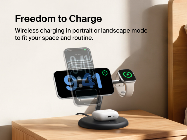 Belkin UltraCharge 3-in-1 Wireless Charging Stand with Qi2 25W charging iPhone in portrait and landscape modes alongside Apple Watch and AirPods on a bedside table