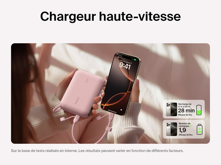 Image d'une batterie externe 10K Belkin BoostCharge avec écran intégré offrant jusqu'à 1,9 recharges complètes et une recharge rapide de 20 W à un iPhone 16 Pro dont la batterie passe de zéro à 50 % en 28 minutes.