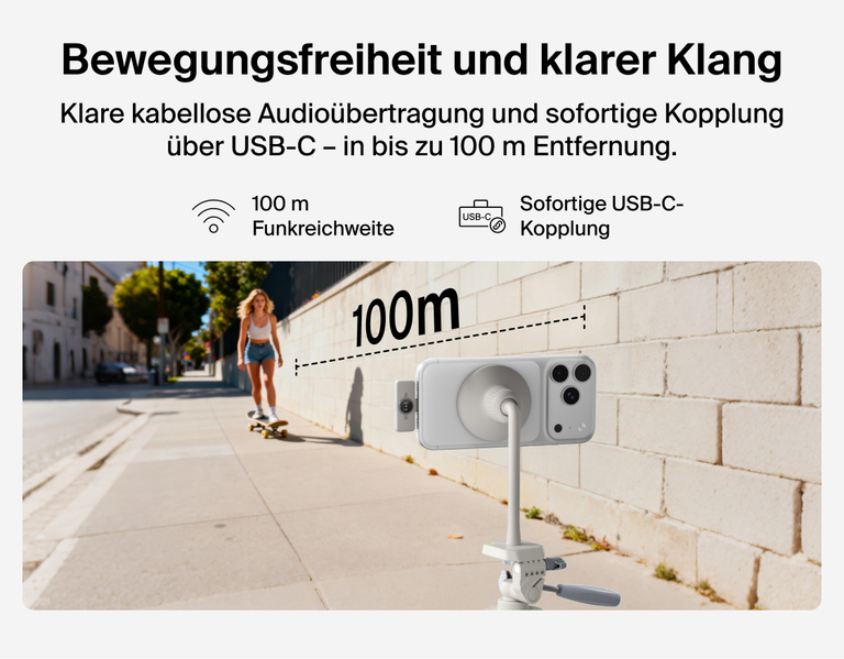 Image showing Belkin Stage Creator Kit capturing clear wireless audio with instant USB-C pairing and up to 100-meter range, demonstrated by a skateboarder recording outdoors.