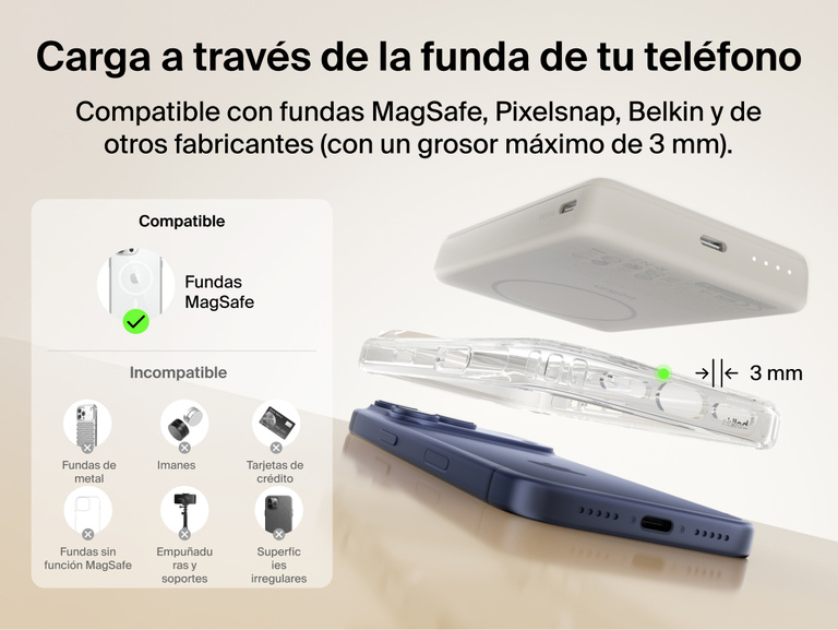Belkin BoostCharge Slim Magnetic Power Bank 10K charging through MagSafe-compatible phone case up to 3mm thickness with secure magnetic alignment