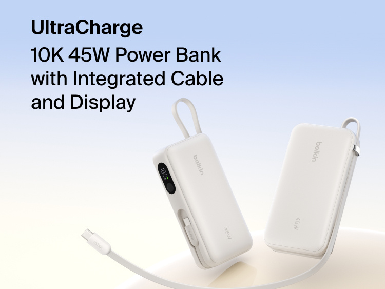 Belkin UltraCharge 10K 45W power bank with integrated cable and digital display showing battery level, designed for fast portable charging.
