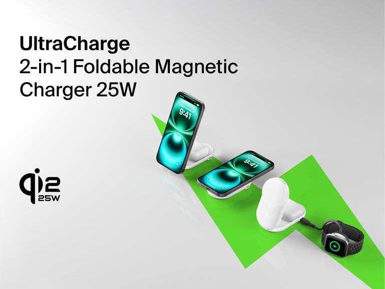 Belkin UltraCharge 2-in-1 Foldable Magnetic Charger with Qi2 25W shown charging iPhone, AirPods, and Apple Watch on a sleek, compact stand.